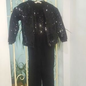 Black Sequin Girls Sequin Jumpsuit and Zippered Jacket Coat